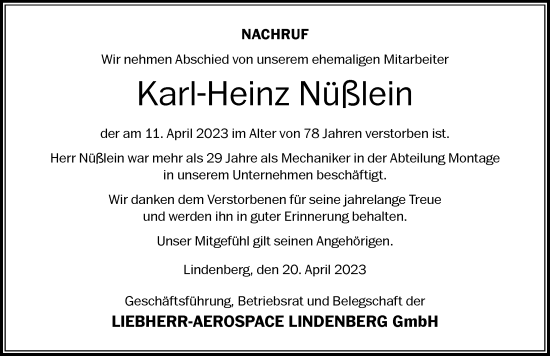 Traueranzeige von Karl-Heinz Nüßlein von Der Westallgäuer