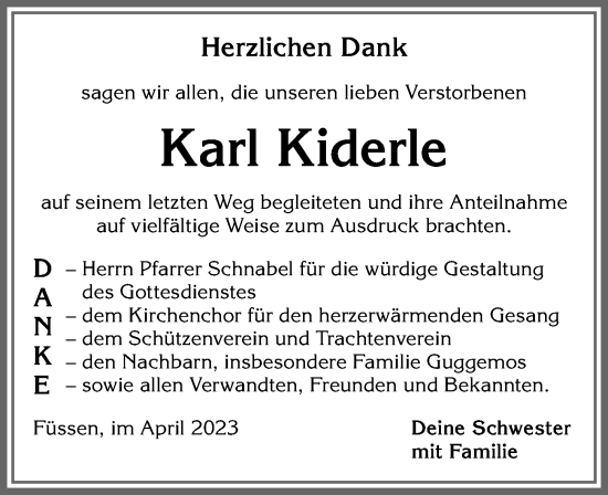 Traueranzeige von Karl Kiderle von Allgäuer Zeitung, Füssen