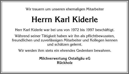 Traueranzeige von Karl Kiderle von Allgäuer Zeitung, Füssen
