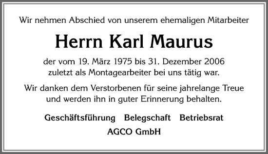 Traueranzeige von Karl Maurus von Allgäuer Zeitung, Marktoberdorf