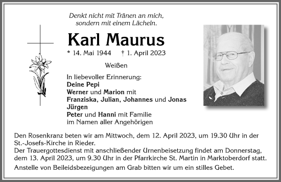Traueranzeige von Karl Maurus von Allgäuer Zeitung, Marktoberdorf