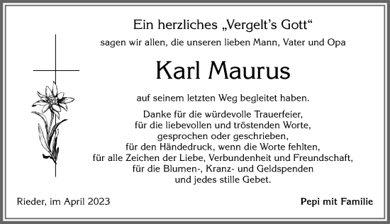 Traueranzeige von Karl Maurus von Allgäuer Zeitung, Marktoberdorf