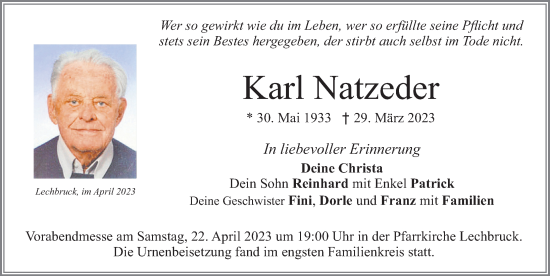 Traueranzeige von Karl Natzeder von Allgäuer Zeitung, Füssen