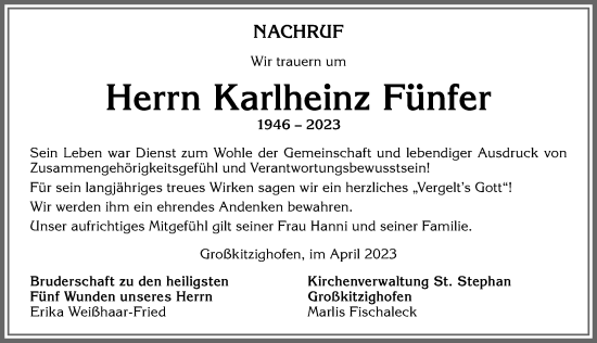 Traueranzeige von Karlheinz Fünfer von Allgäuer Zeitung, Kaufbeuren/Buchloe