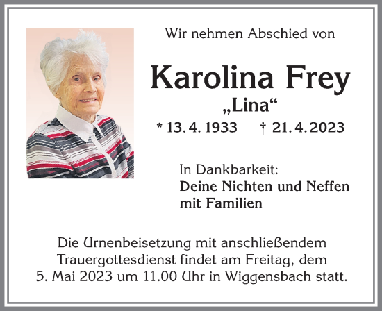 Traueranzeige von Karolina Frey von Allgäuer Zeitung,Kempten