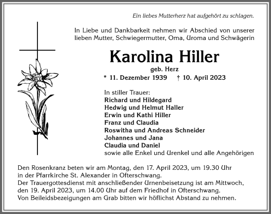 Traueranzeige von Karolina Hiller von Allgäuer Anzeigeblatt