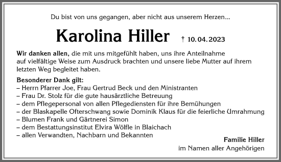 Traueranzeige von Karolina Hiller von Allgäuer Anzeigeblatt