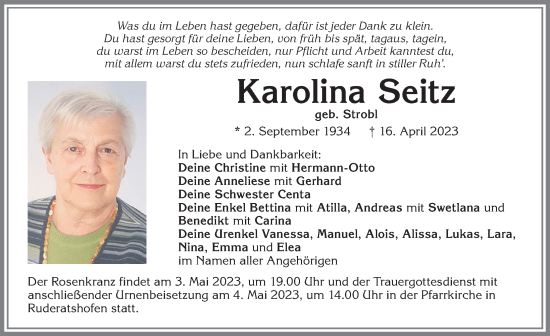 Traueranzeige von Karolina Seitz von Allgäuer Zeitung, Marktoberdorf