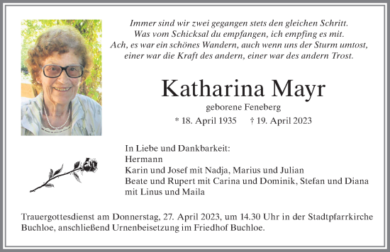 Traueranzeige von Katharina Mayr von Allgäuer Zeitung, Kaufbeuren/Buchloe