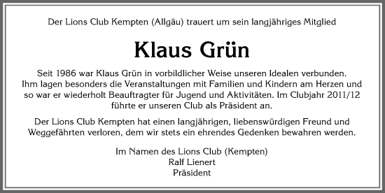 Traueranzeige von Klaus Grün von Allgäuer Zeitung,Kempten