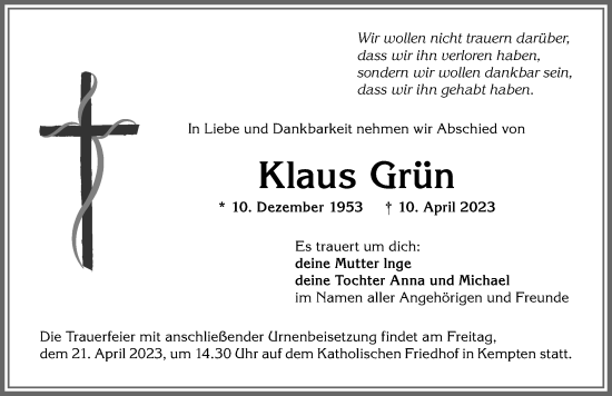 Traueranzeige von Klaus Grün von Allgäuer Zeitung,Kempten
