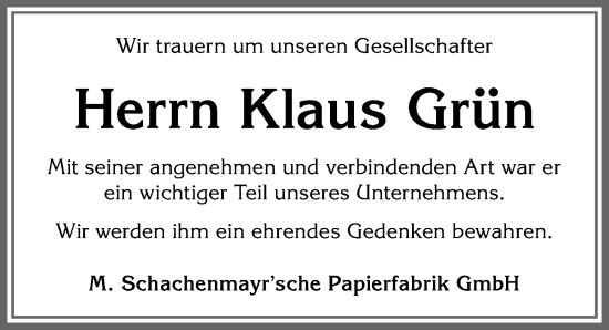Traueranzeige von Klaus Grün von Allgäuer Zeitung,Kempten
