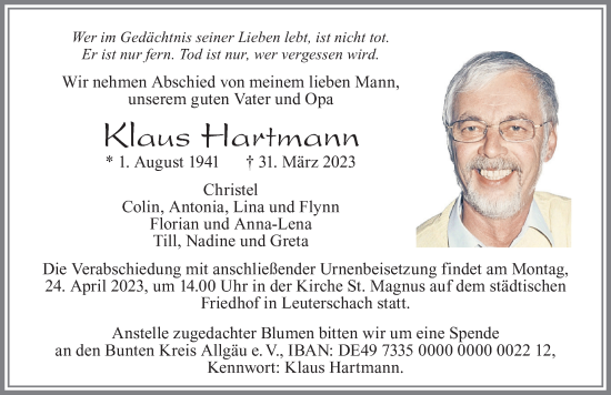 Traueranzeige von Klaus Hartmann von Allgäuer Zeitung, Marktoberdorf