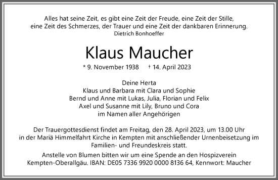 Traueranzeige von Klaus Maucher von Allgäuer Zeitung,Kempten