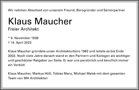 Traueranzeige von Klaus Maucher von Allgäuer Zeitung,Kempten