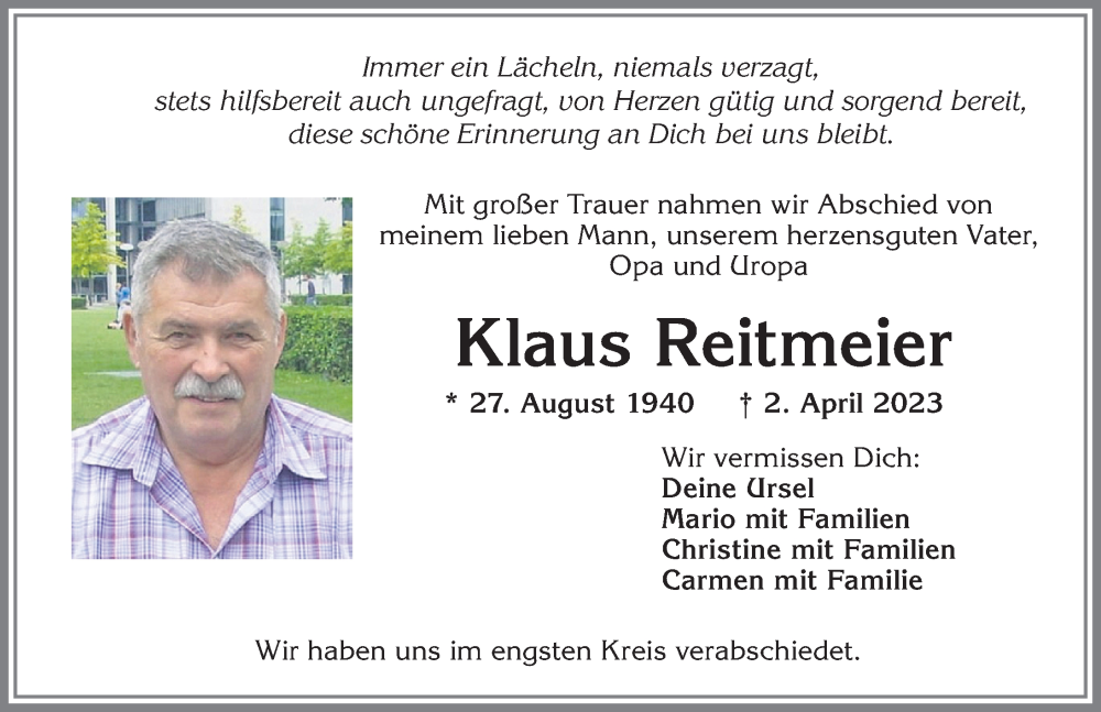  Traueranzeige für Klaus Reitmeier vom 15.04.2023 aus Allgäuer Zeitung,Kempten
