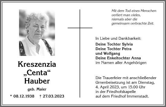 Traueranzeige von Kreszenzia Hauber von Allgäuer Anzeigeblatt