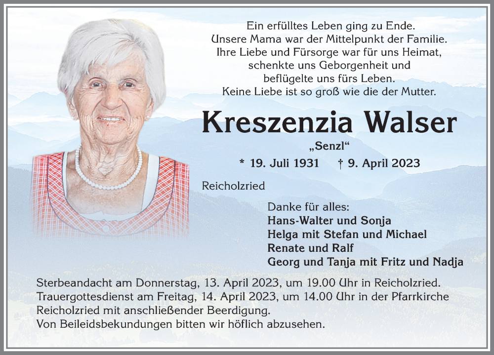  Traueranzeige für Kreszenzia Walser vom 12.04.2023 aus Allgäuer Zeitung,Kempten
