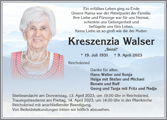 Traueranzeige von Kreszenzia Walser von Allgäuer Zeitung,Kempten