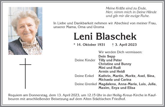 Traueranzeige von Leni Blaschek von Allgäuer Zeitung, Kaufbeuren/Buchloe
