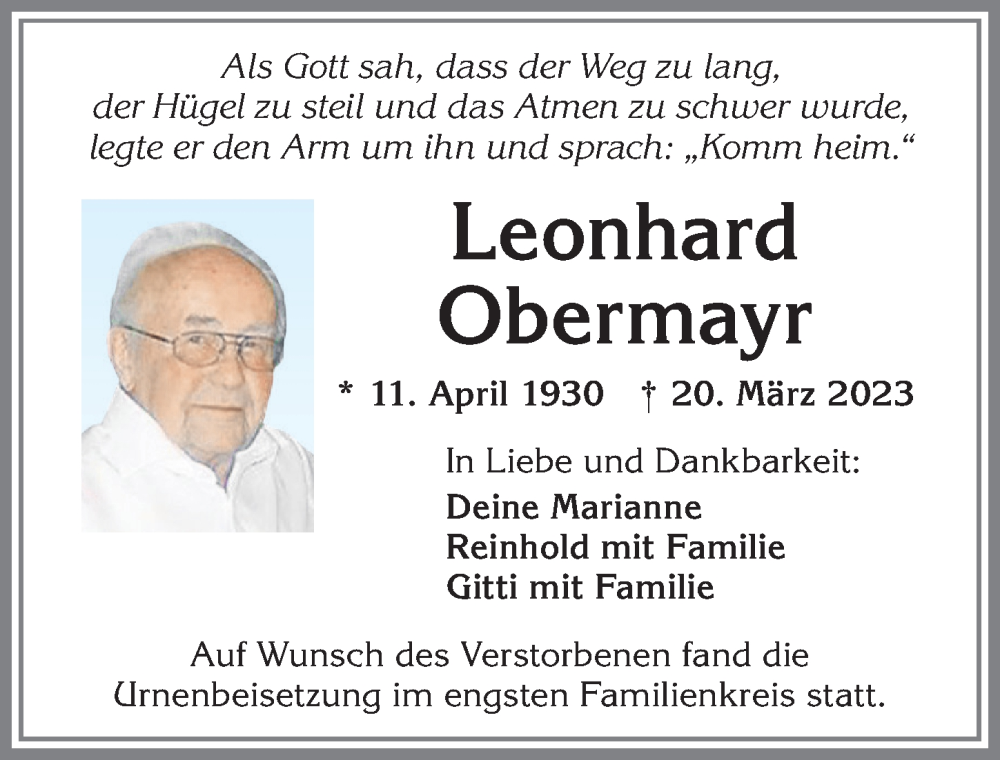  Traueranzeige für Leonhard Obermayr vom 15.04.2023 aus Allgäuer Zeitung, Marktoberdorf