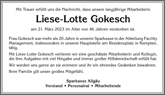 Traueranzeige von Liese-Lotte Gokesch von Allgäuer Zeitung,Kempten