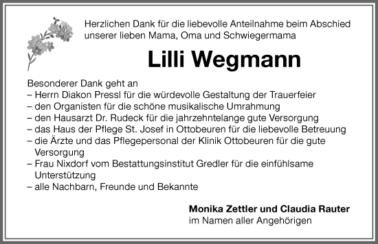 Traueranzeige von Lilli Wegmann von Memminger Zeitung