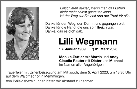 Traueranzeige von Lilli Wegmann von Memminger Zeitung
