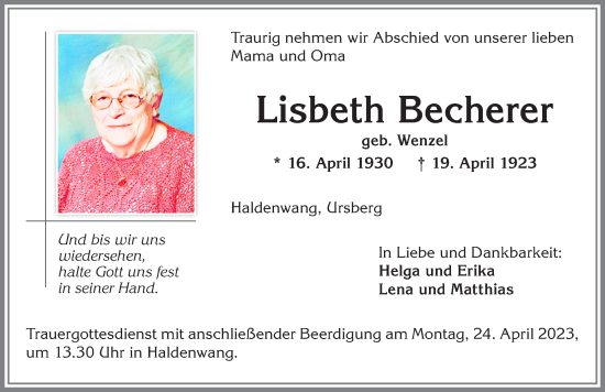 Traueranzeige von Lisbeth Becherer von Allgäuer Zeitung,Kempten