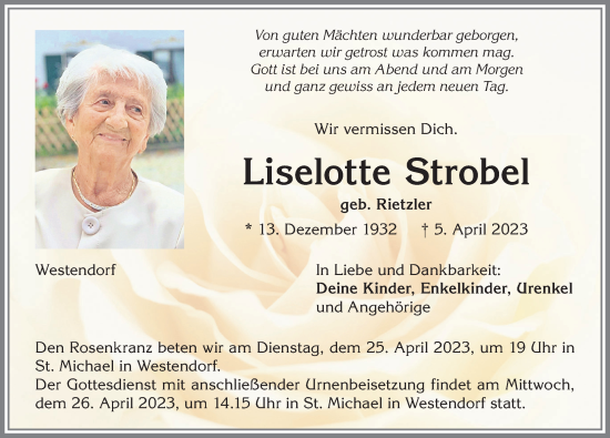 Traueranzeige von Liselotte Strobel von Allgäuer Zeitung, Kaufbeuren/Buchloe