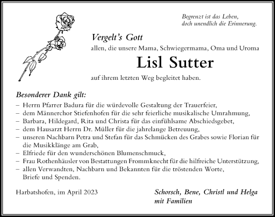 Traueranzeige von Lisl Sutter von Der Westallgäuer
