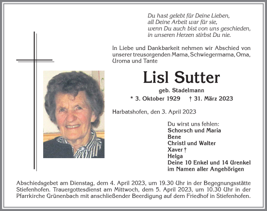 Traueranzeige von Lisl Sutter von Der Westallgäuer