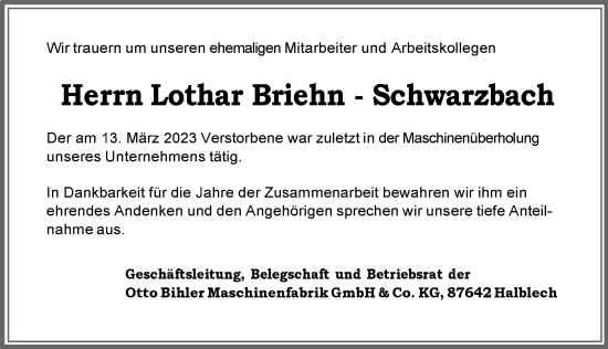 Traueranzeige von Lothar Briehn-Schwarzbach von Allgäuer Zeitung, Füssen