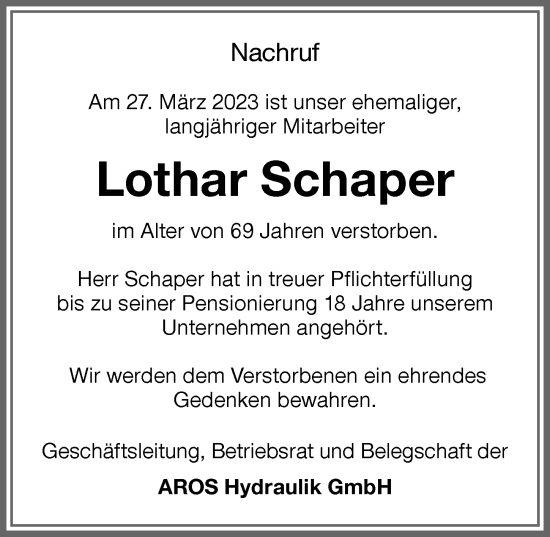 Traueranzeige von Lothar Schaper von Memminger Zeitung