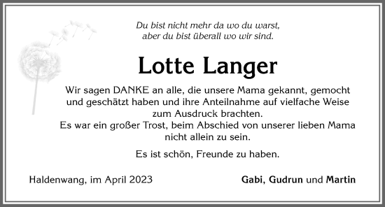 Traueranzeige von Lotte Langer von Allgäuer Zeitung,Kempten