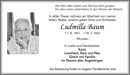 Traueranzeige von Ludmilla Baum von Allgäuer Zeitung, Füssen