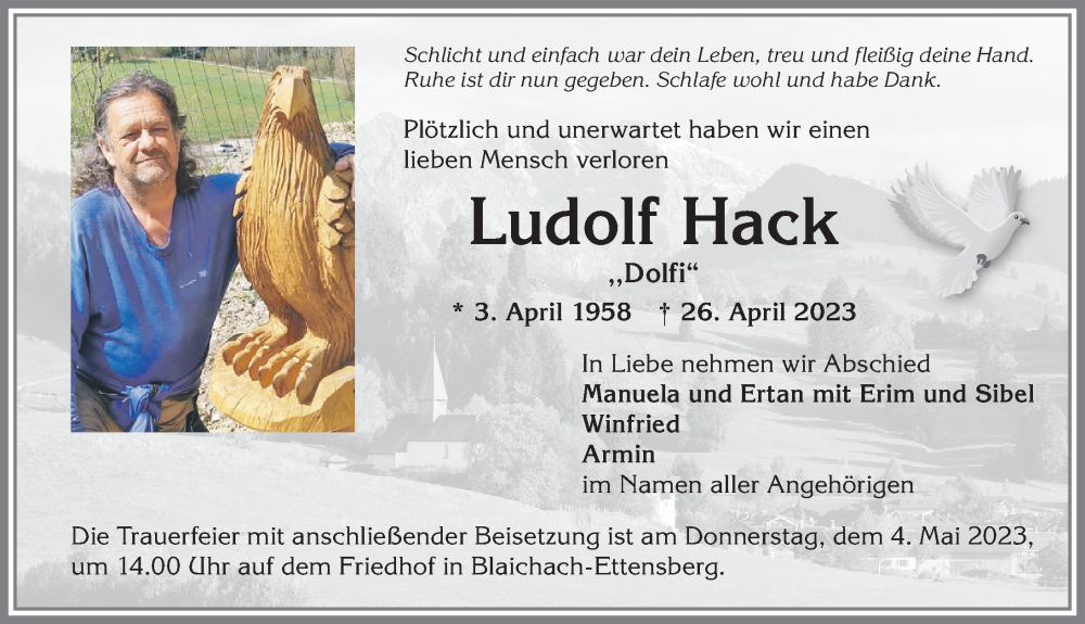  Traueranzeige für Ludolf Hack vom 29.04.2023 aus Allgäuer Anzeigeblatt