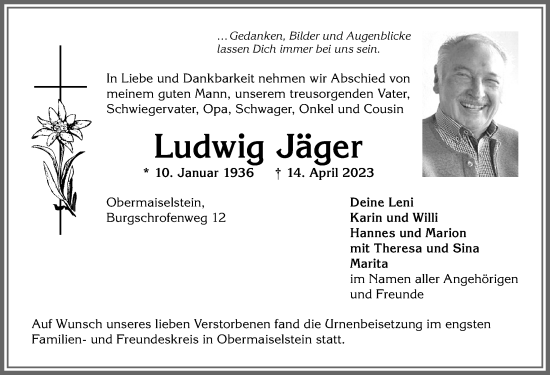 Traueranzeige von Ludwig Jäger von Allgäuer Anzeigeblatt