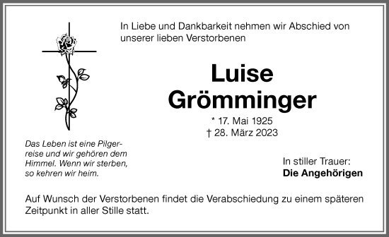 Traueranzeige von Luise Grömminger von Memminger Zeitung
