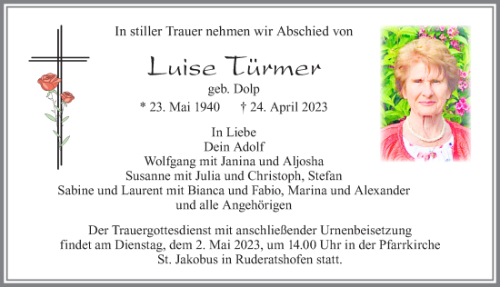 Traueranzeige von Luise Türmer von Allgäuer Zeitung, Marktoberdorf