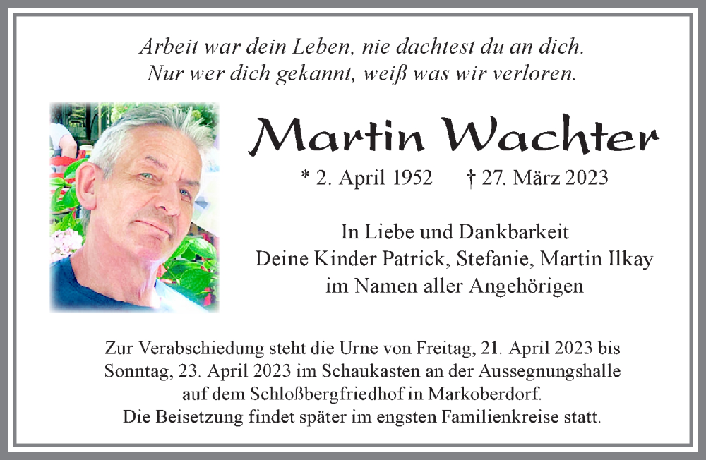  Traueranzeige für Martin Wachter vom 19.04.2023 aus Allgäuer Zeitung, Marktoberdorf