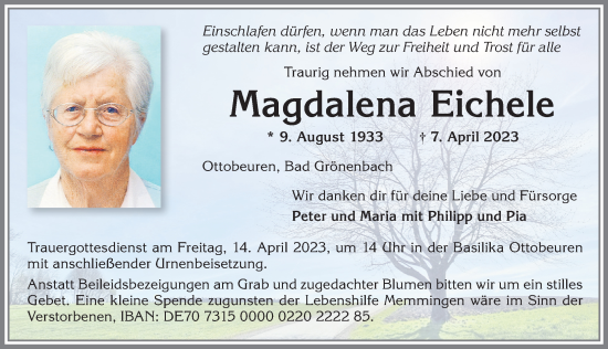 Traueranzeige von Magdalena Eichele von Memminger Zeitung