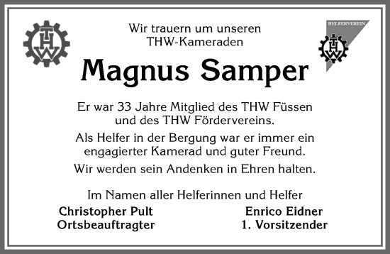 Traueranzeige von Magnus Samper von Allgäuer Zeitung, Füssen