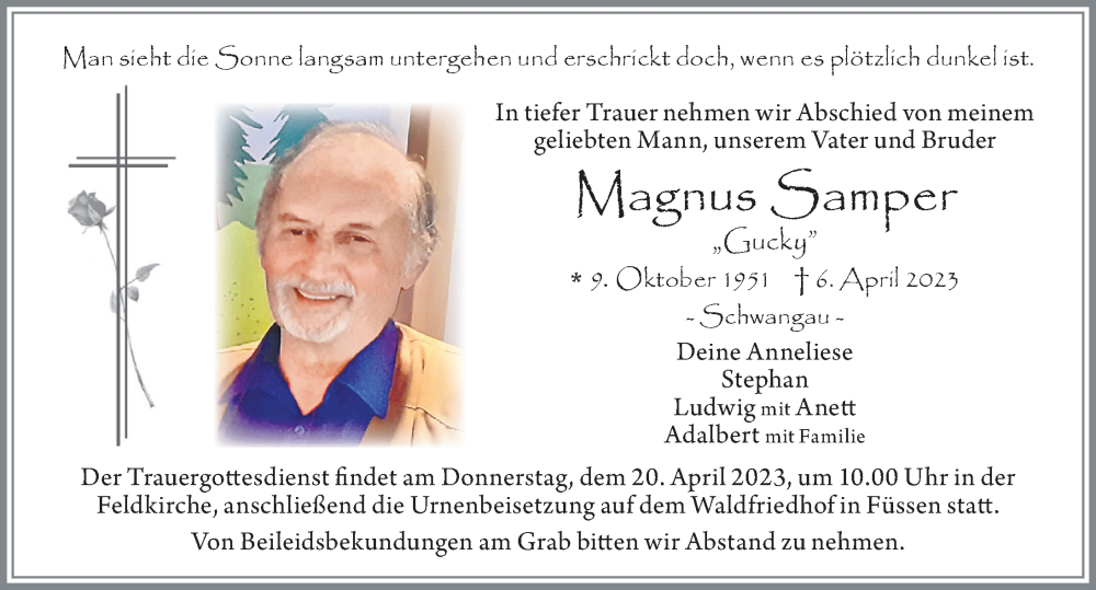  Traueranzeige für Magnus Samper vom 17.04.2023 aus Allgäuer Zeitung, Füssen