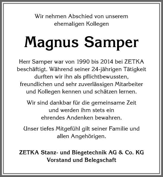 Traueranzeige von Magnus Samper von Allgäuer Zeitung, Füssen
