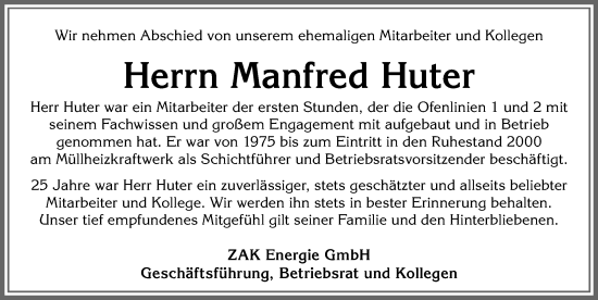Traueranzeige von Manfred Huter von Allgäuer Zeitung,Kempten