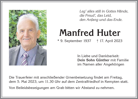 Traueranzeige von Manfred Huter von Allgäuer Zeitung,Kempten