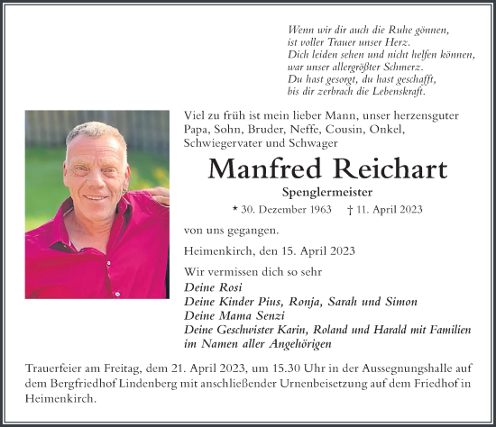 Traueranzeige von Manfred Reichart von Der Westallgäuer