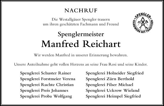 Traueranzeige von Manfred Reichart von Der Westallgäuer