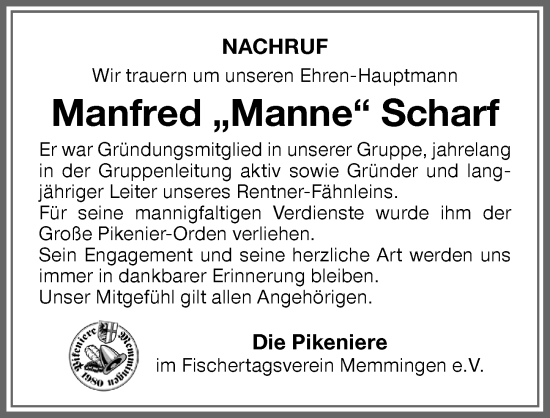 Traueranzeige von Manfred Scharf von Memminger Zeitung